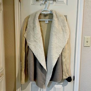 ONE WORLD Taupe Faux Fur Open Front Knit Cardigan